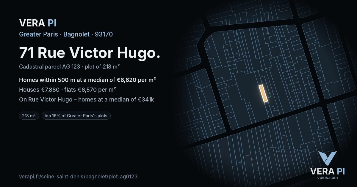 71 Rue Victor Hugo, Bagnolet at night – the plot lit, the parcels around coloured by the prices near them
