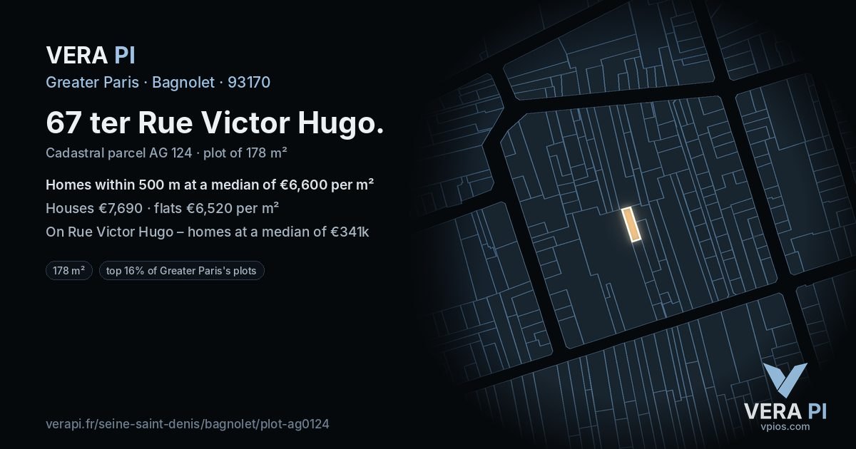 67 ter Rue Victor Hugo, Bagnolet at night – the plot lit, the parcels around coloured by the prices near them