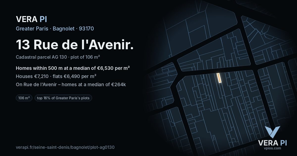 13 Rue de l'Avenir, Bagnolet at night – the plot lit, the parcels around coloured by the prices near them