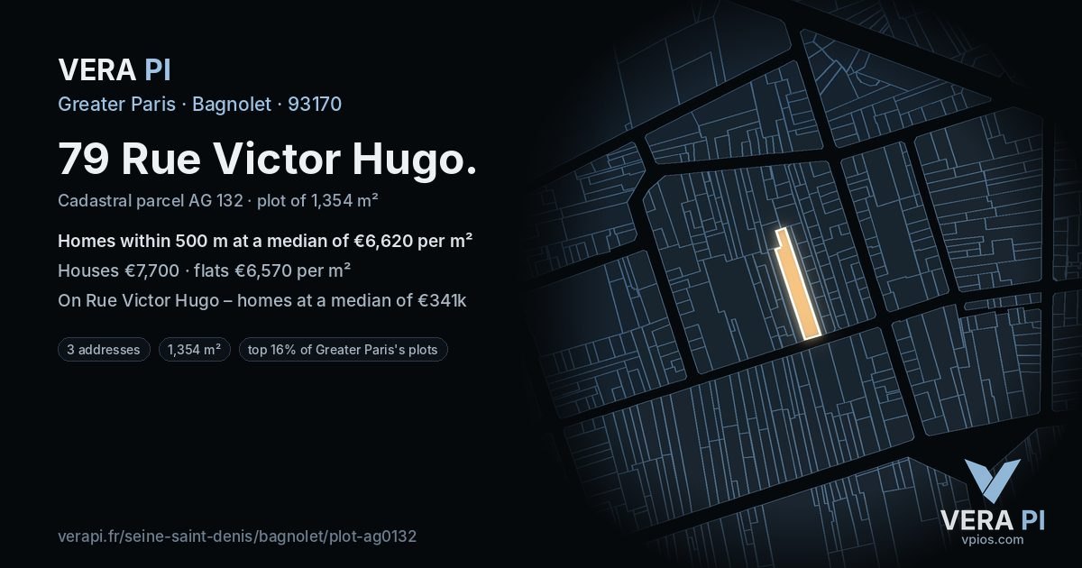 79 Rue Victor Hugo, Bagnolet at night – the plot lit, the parcels around coloured by the prices near them