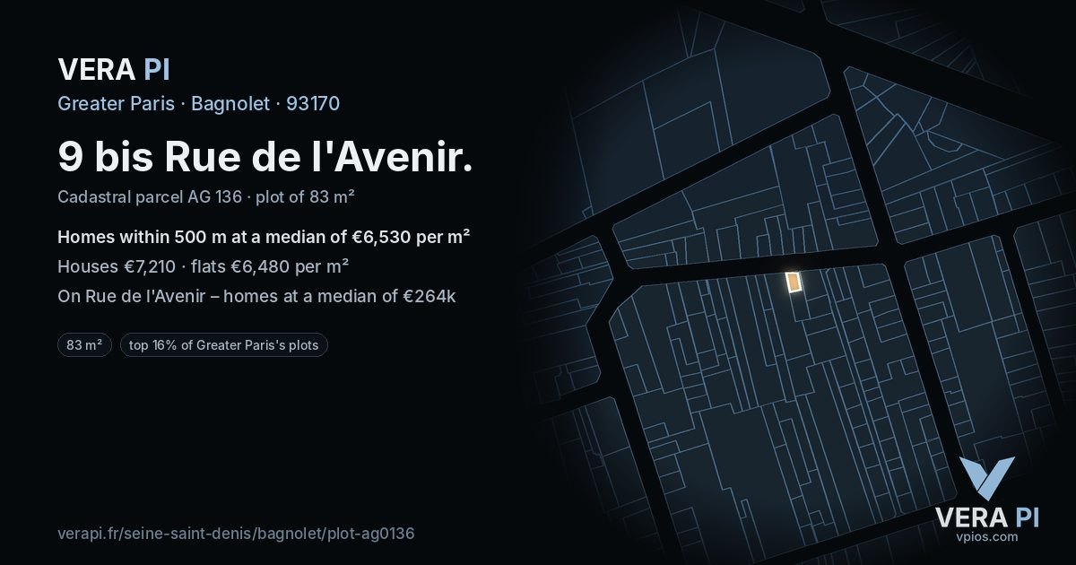 9 bis Rue de l'Avenir, Bagnolet at night – the plot lit, the parcels around coloured by the prices near them