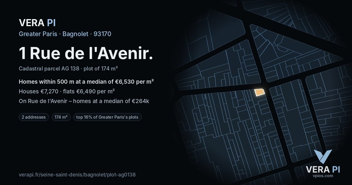 1 Rue de l'Avenir, Bagnolet at night – the plot lit, the parcels around coloured by the prices near them