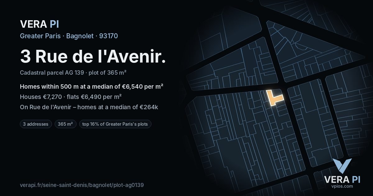 3 Rue de l'Avenir, Bagnolet at night – the plot lit, the parcels around coloured by the prices near them