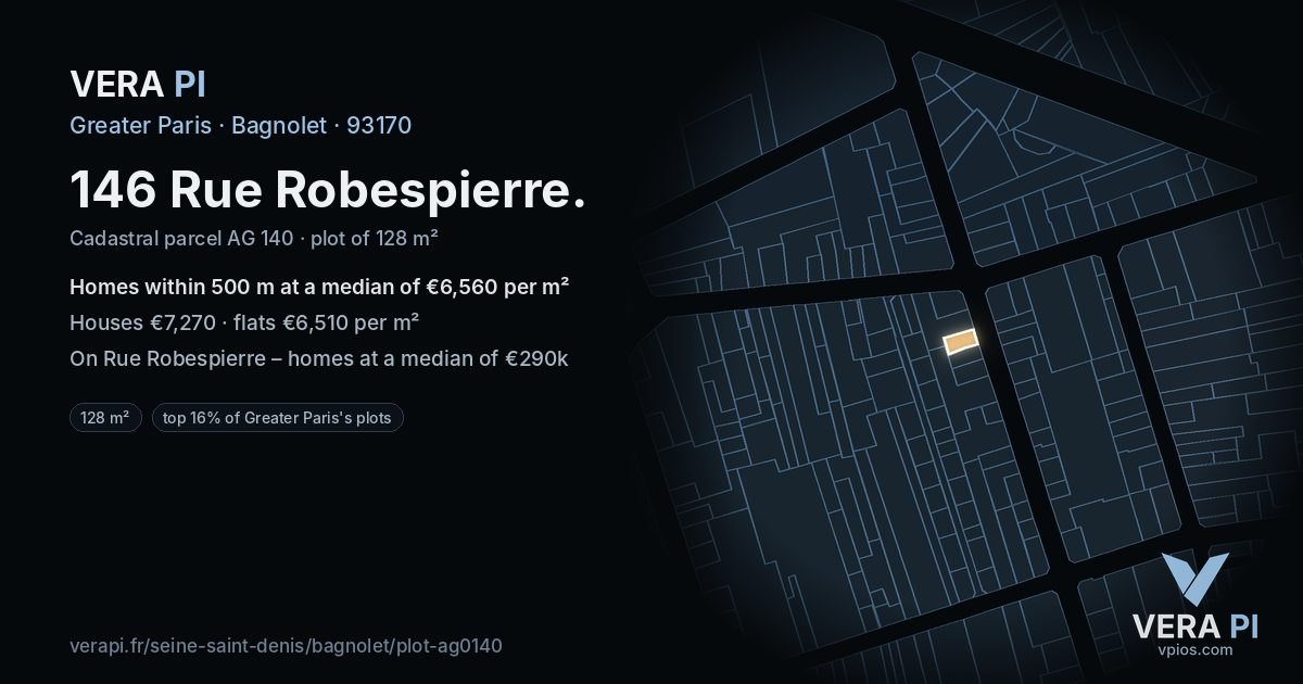 146 Rue Robespierre, Bagnolet at night – the plot lit, the parcels around coloured by the prices near them