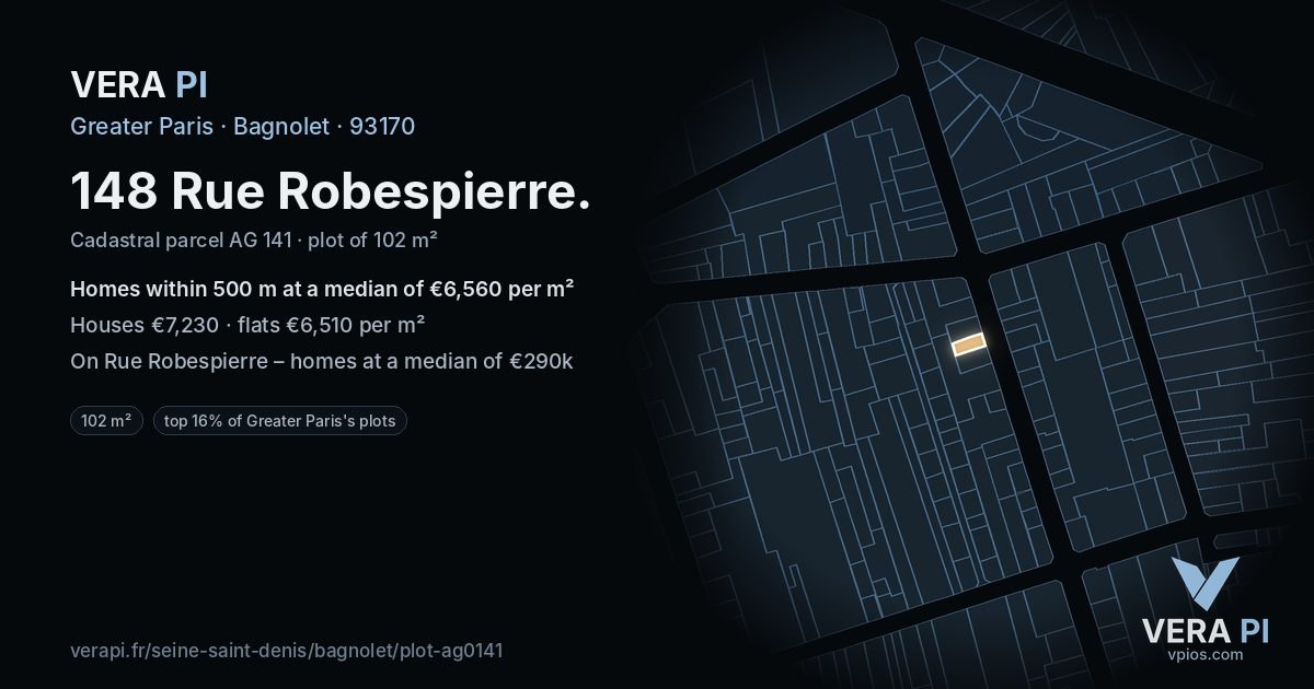 148 Rue Robespierre, Bagnolet at night – the plot lit, the parcels around coloured by the prices near them