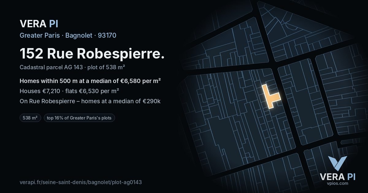 152 Rue Robespierre, Bagnolet at night – the plot lit, the parcels around coloured by the prices near them