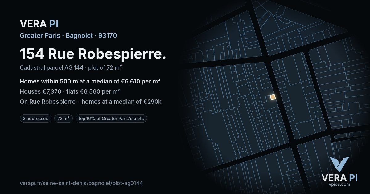 154 Rue Robespierre, Bagnolet at night – the plot lit, the parcels around coloured by the prices near them