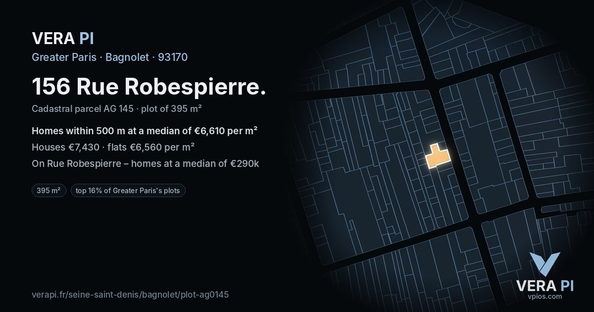 156 Rue Robespierre, Bagnolet at night – the plot lit, the parcels around coloured by the prices near them