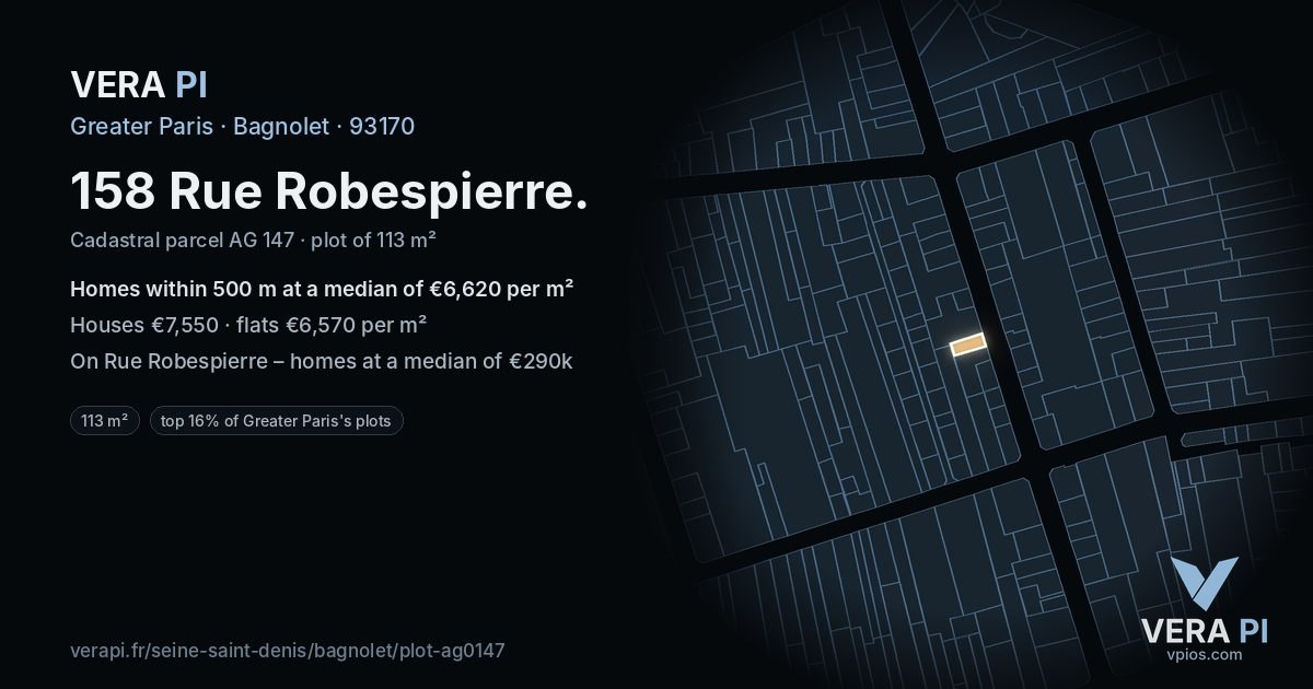 158 Rue Robespierre, Bagnolet at night – the plot lit, the parcels around coloured by the prices near them