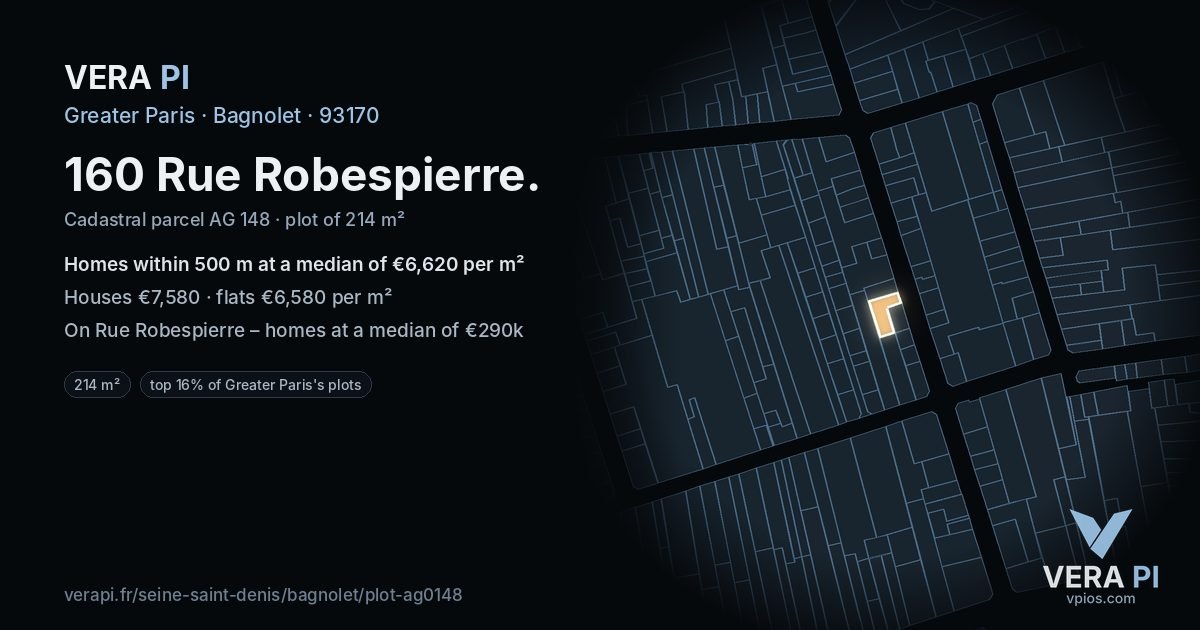 160 Rue Robespierre, Bagnolet at night – the plot lit, the parcels around coloured by the prices near them