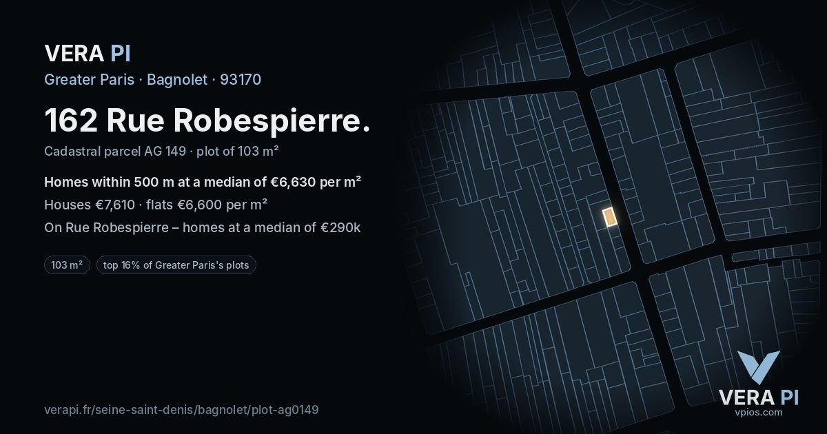 162 Rue Robespierre, Bagnolet at night – the plot lit, the parcels around coloured by the prices near them