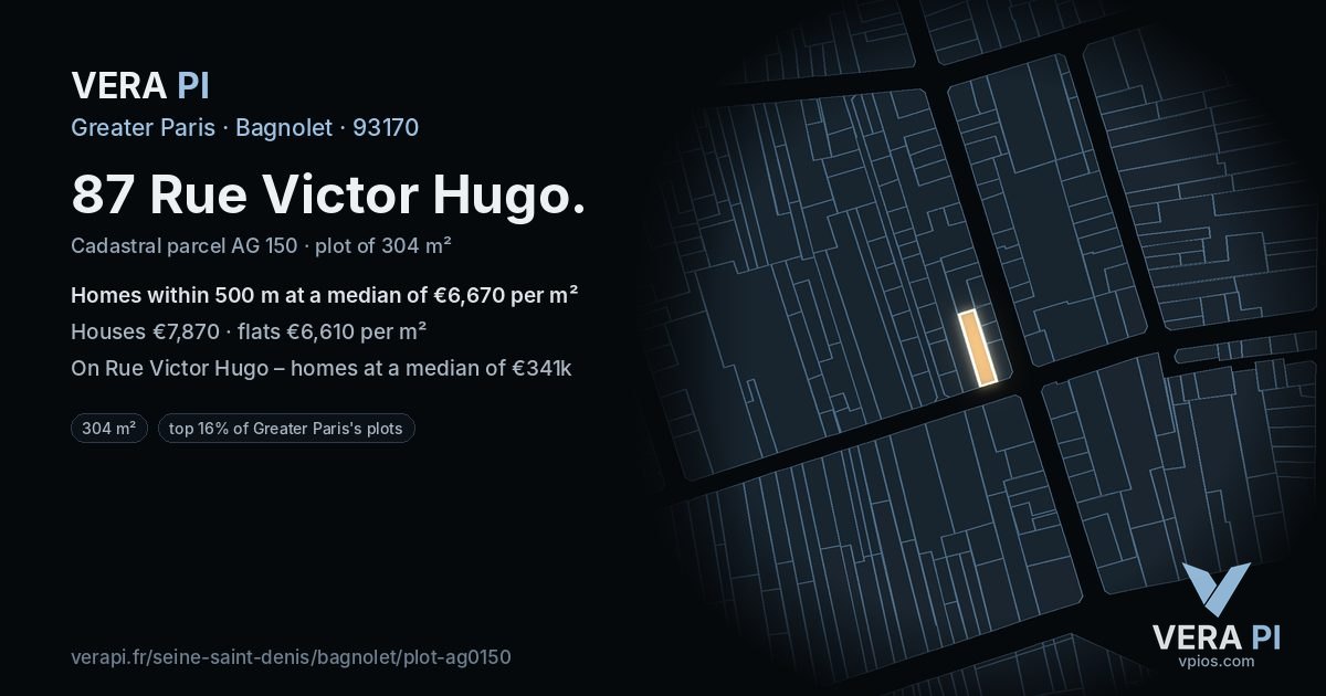 87 Rue Victor Hugo, Bagnolet at night – the plot lit, the parcels around coloured by the prices near them