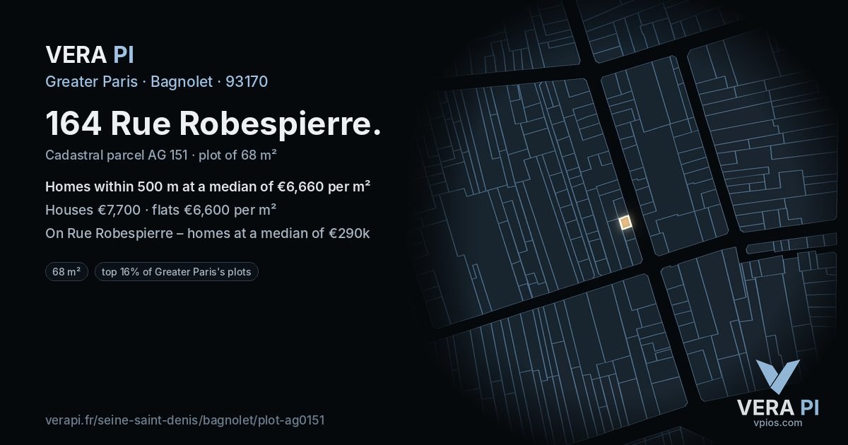 164 Rue Robespierre, Bagnolet at night – the plot lit, the parcels around coloured by the prices near them
