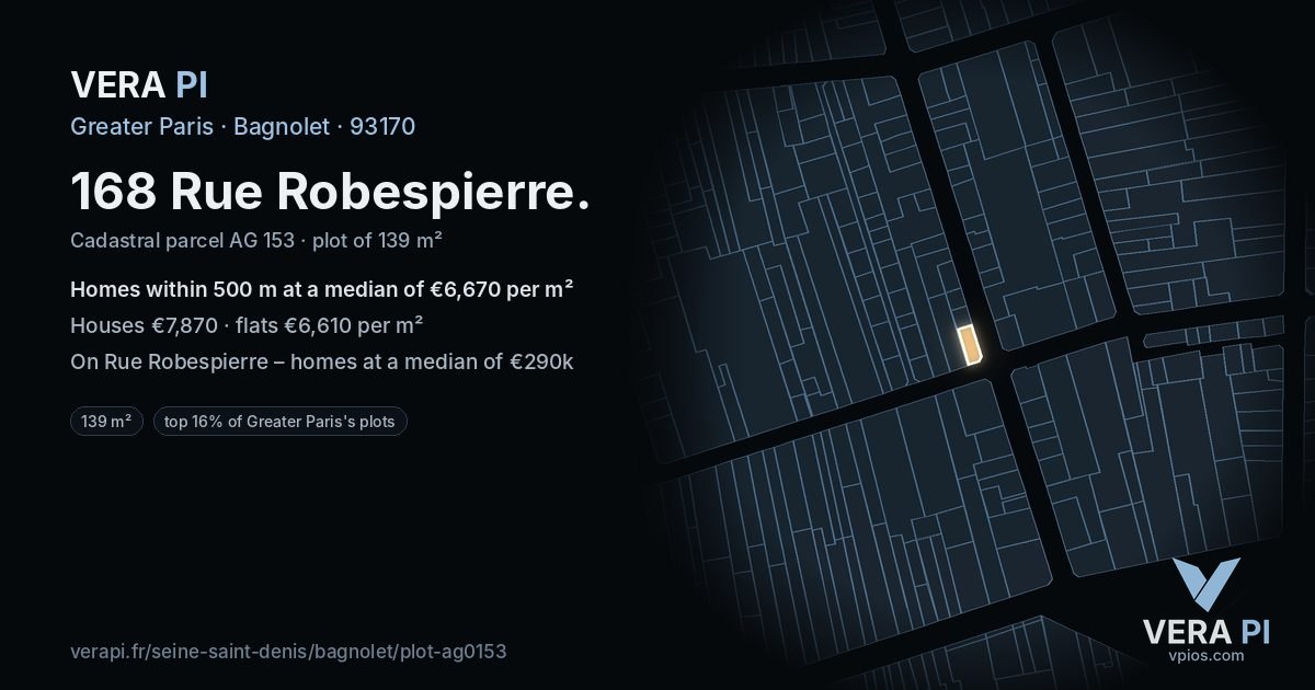 168 Rue Robespierre, Bagnolet at night – the plot lit, the parcels around coloured by the prices near them