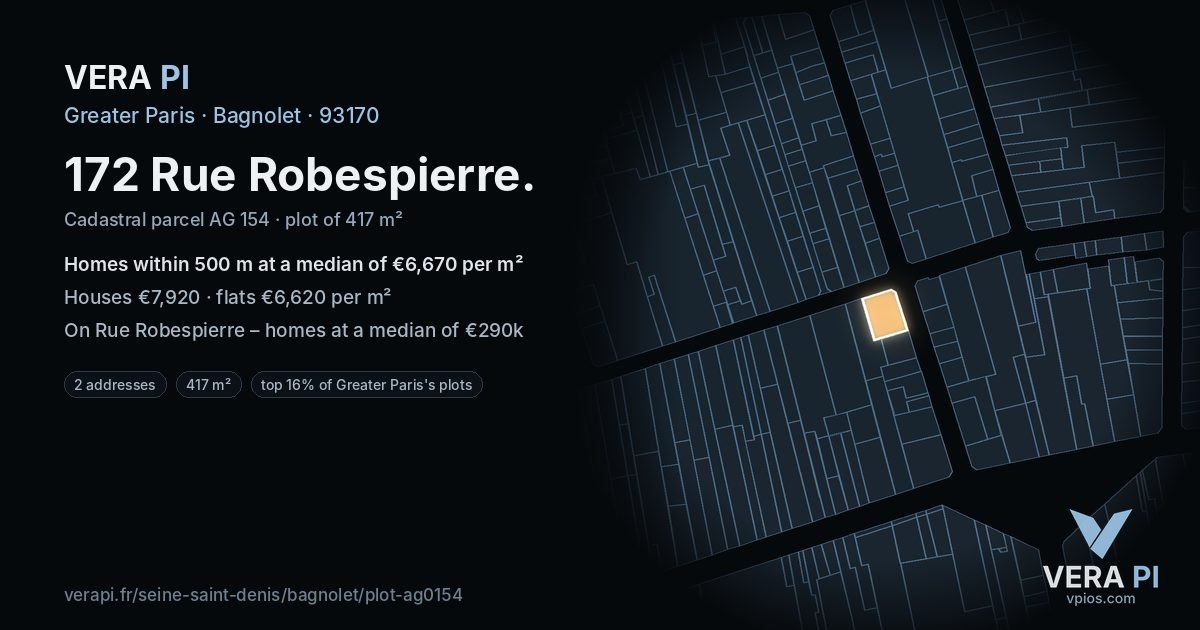 172 Rue Robespierre, Bagnolet at night – the plot lit, the parcels around coloured by the prices near them