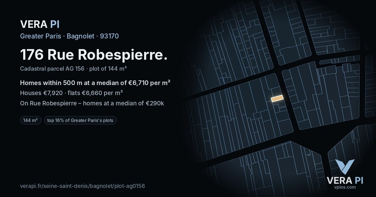 176 Rue Robespierre, Bagnolet at night – the plot lit, the parcels around coloured by the prices near them