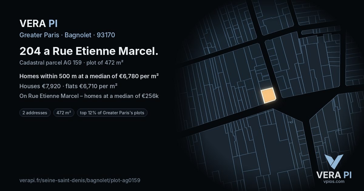 204 a Rue Etienne Marcel, Bagnolet at night – the plot lit, the parcels around coloured by the prices near them
