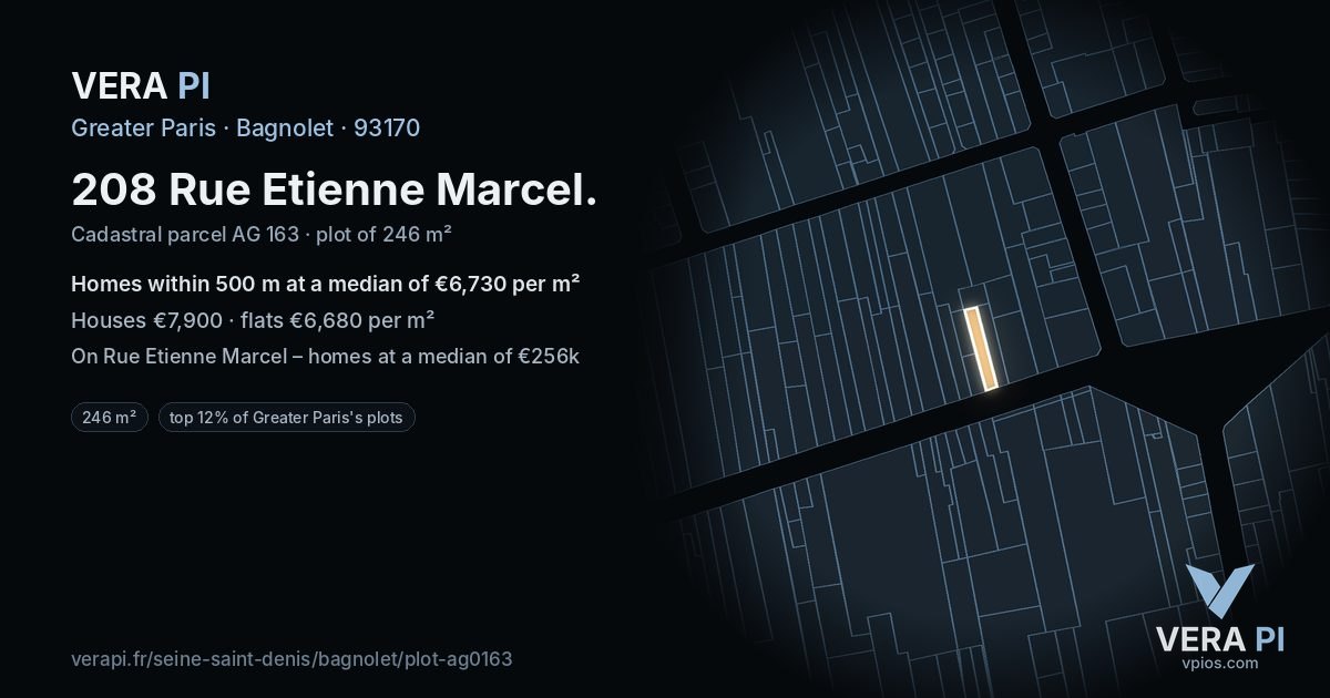 208 Rue Etienne Marcel, Bagnolet at night – the plot lit, the parcels around coloured by the prices near them