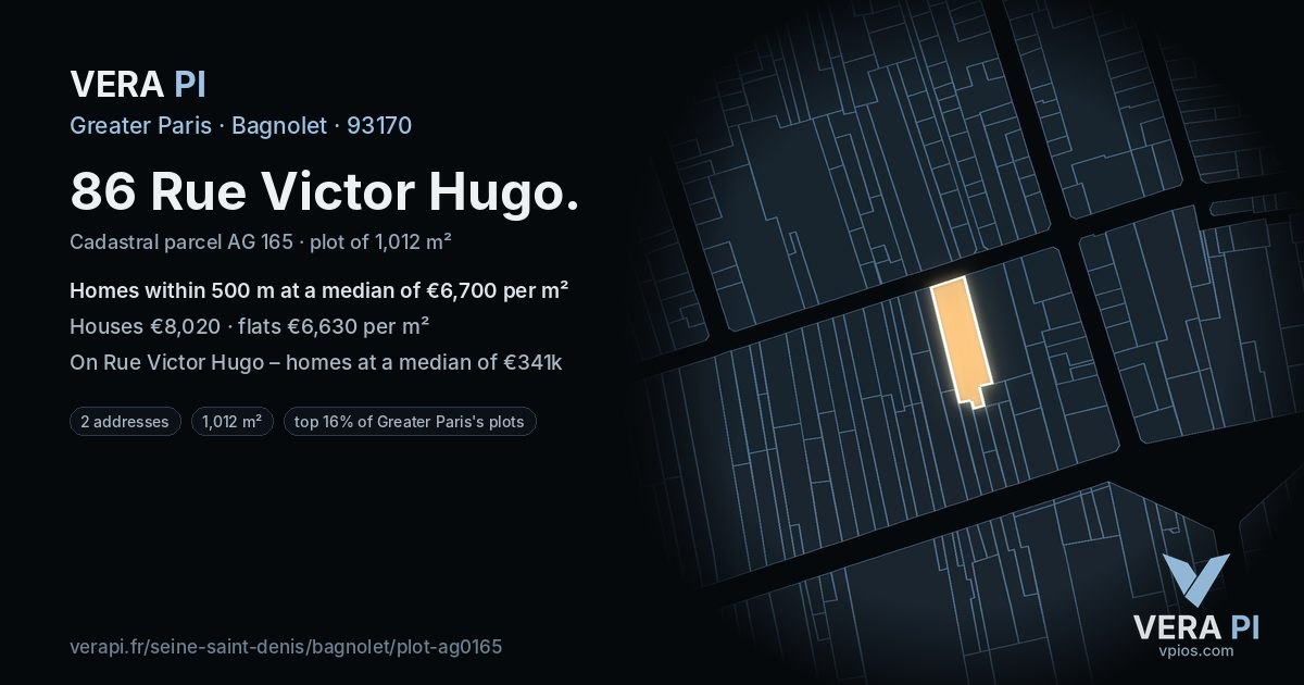 86 Rue Victor Hugo, Bagnolet at night – the plot lit, the parcels around coloured by the prices near them