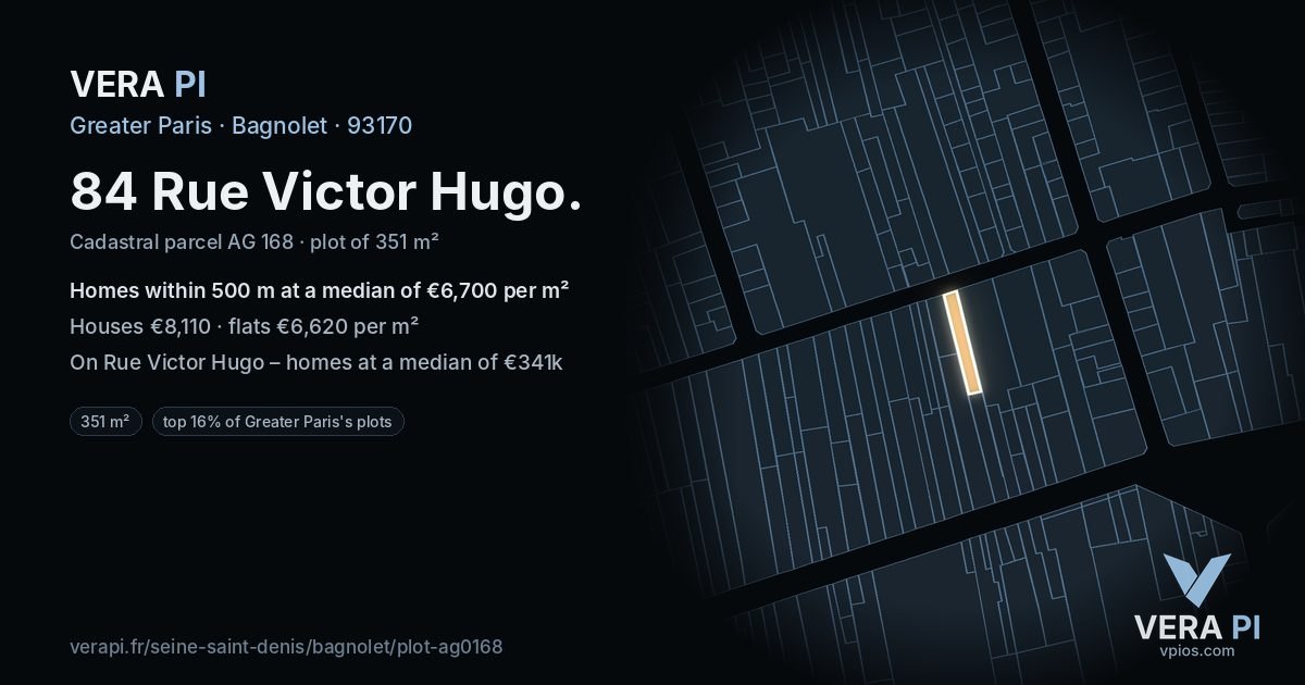 84 Rue Victor Hugo, Bagnolet at night – the plot lit, the parcels around coloured by the prices near them