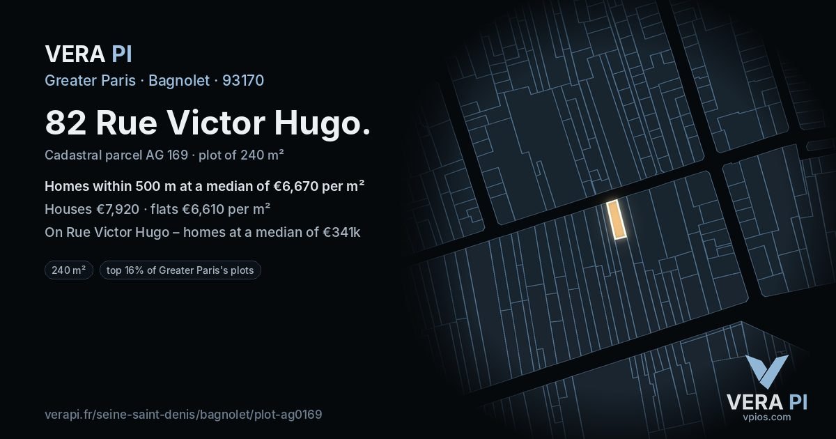82 Rue Victor Hugo, Bagnolet at night – the plot lit, the parcels around coloured by the prices near them