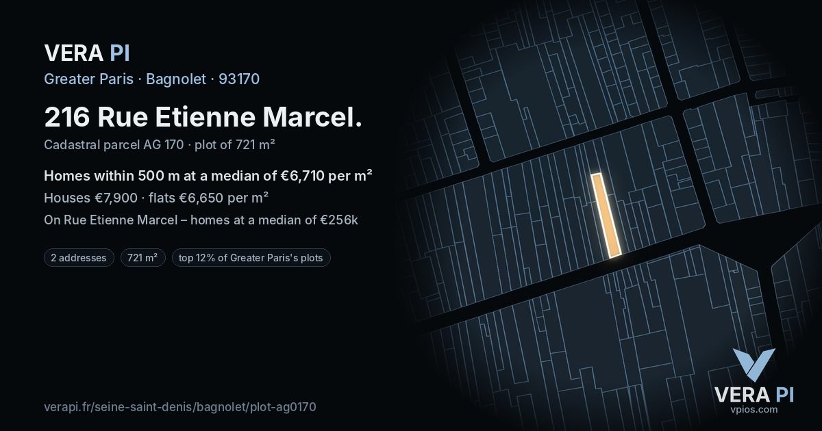 216 Rue Etienne Marcel, Bagnolet at night – the plot lit, the parcels around coloured by the prices near them
