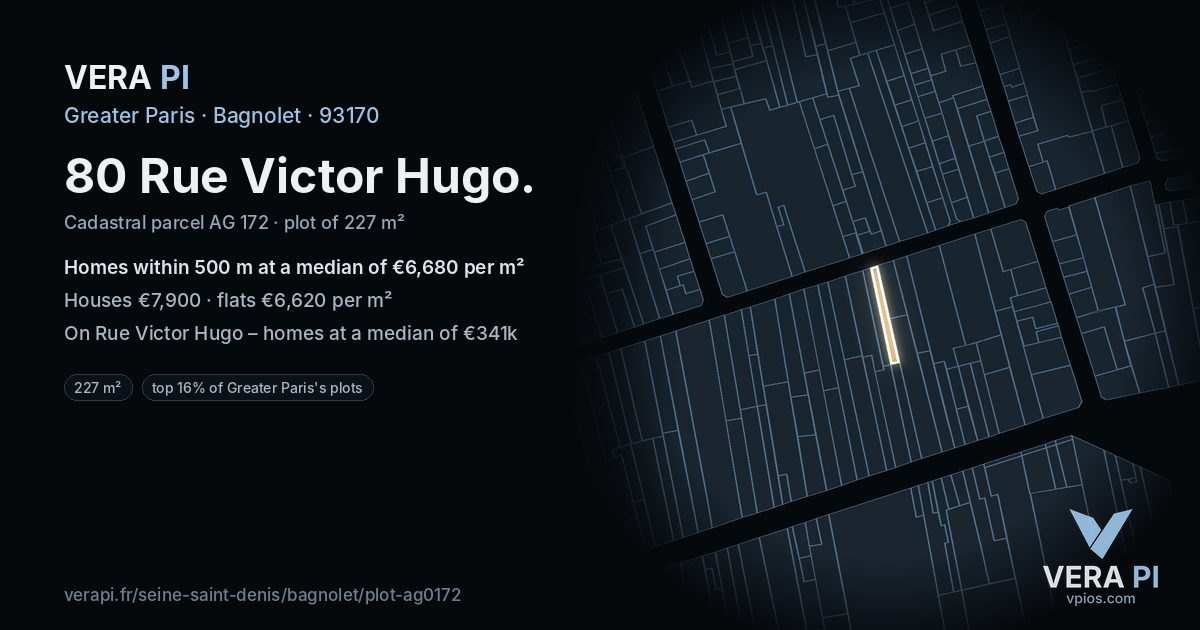 80 Rue Victor Hugo, Bagnolet at night – the plot lit, the parcels around coloured by the prices near them