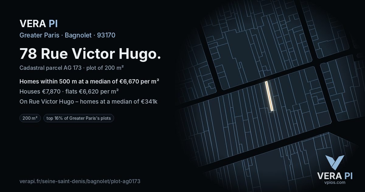 78 Rue Victor Hugo, Bagnolet at night – the plot lit, the parcels around coloured by the prices near them