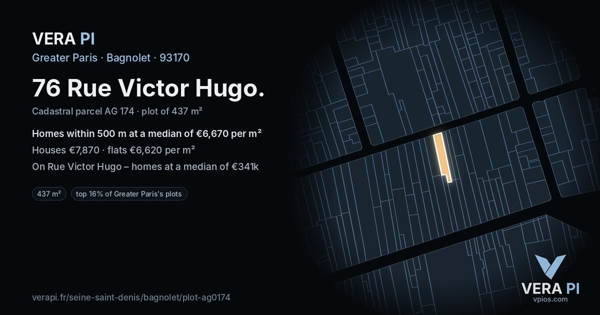 76 Rue Victor Hugo, Bagnolet at night – the plot lit, the parcels around coloured by the prices near them