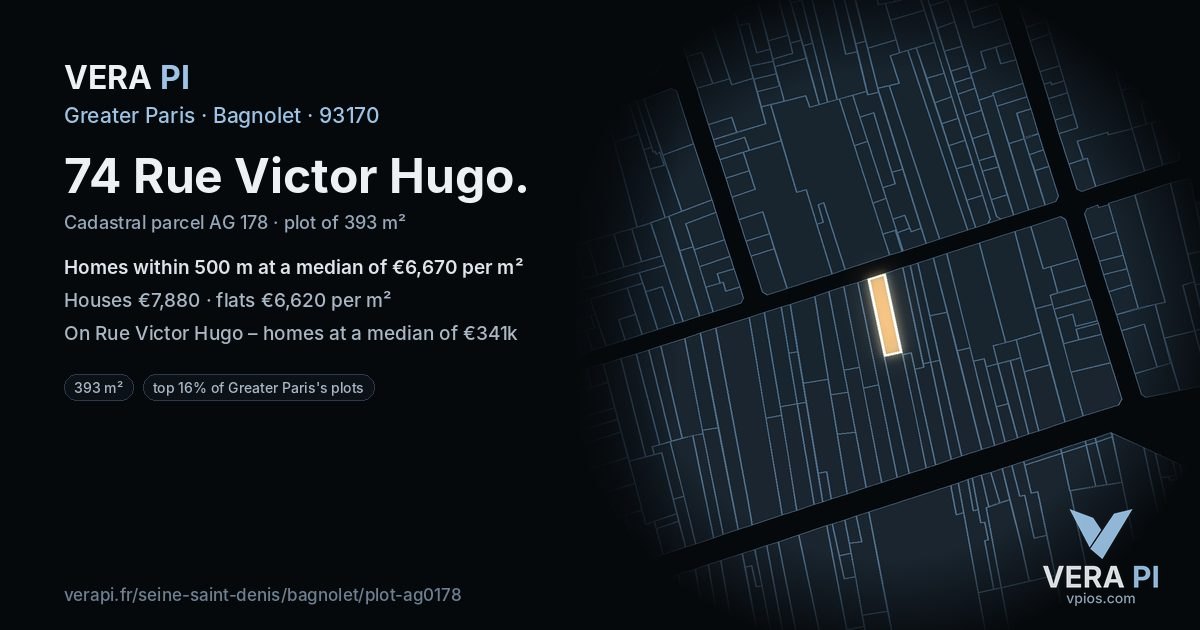 74 Rue Victor Hugo, Bagnolet at night – the plot lit, the parcels around coloured by the prices near them
