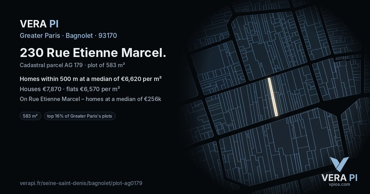 230 Rue Etienne Marcel, Bagnolet at night – the plot lit, the parcels around coloured by the prices near them