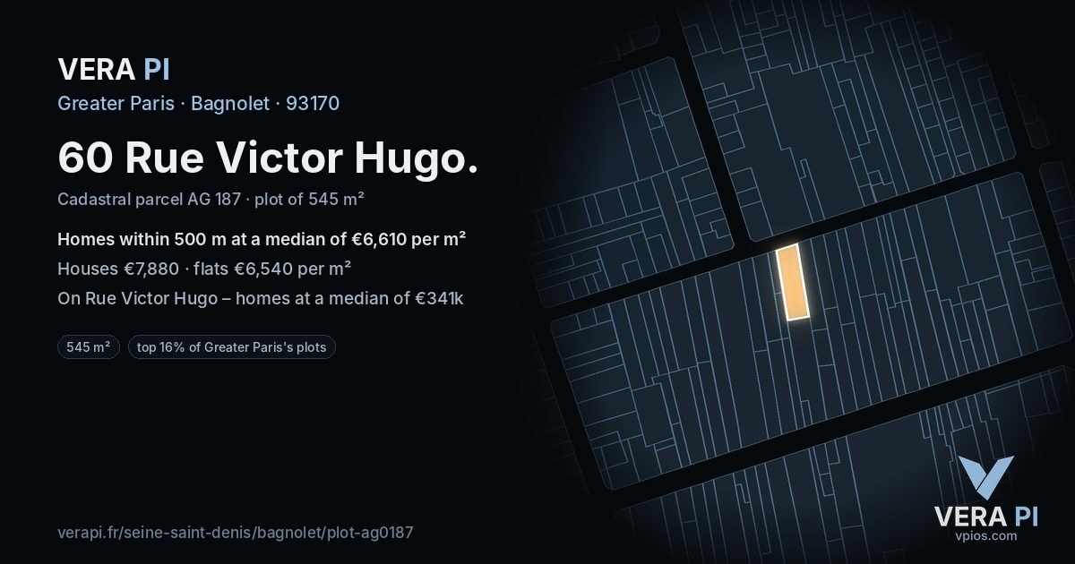 60 Rue Victor Hugo, Bagnolet at night – the plot lit, the parcels around coloured by the prices near them