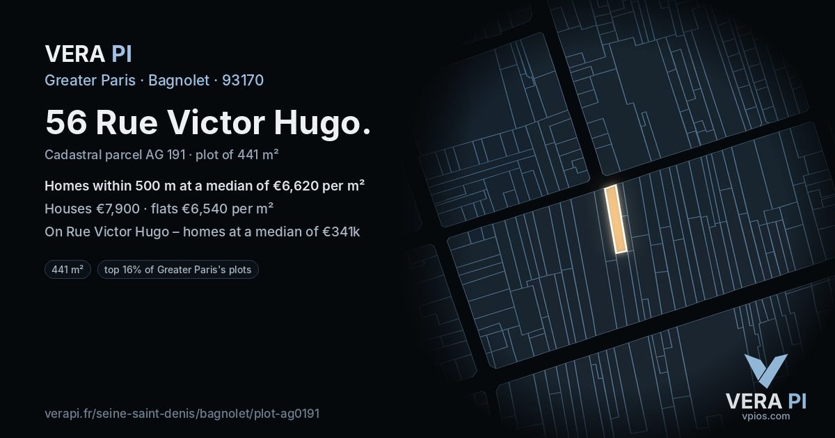 56 Rue Victor Hugo, Bagnolet at night – the plot lit, the parcels around coloured by the prices near them