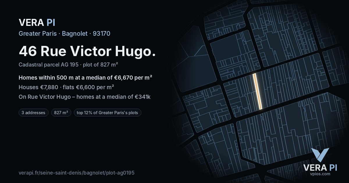 46 Rue Victor Hugo, Bagnolet at night – the plot lit, the parcels around coloured by the prices near them