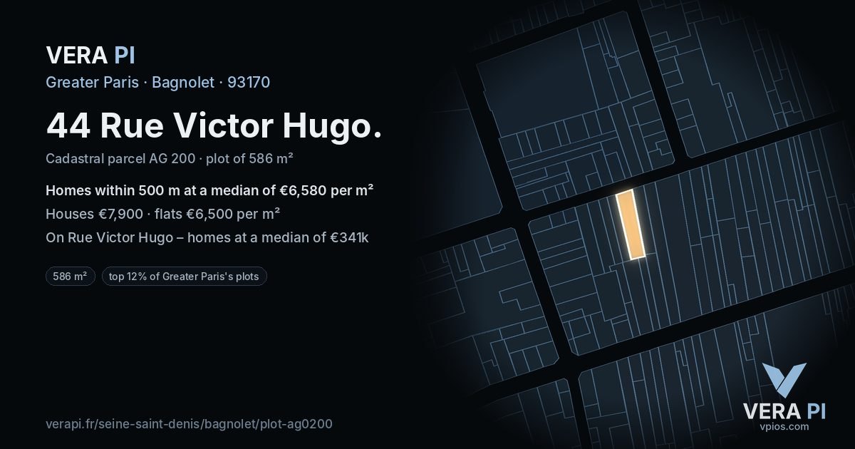 44 Rue Victor Hugo, Bagnolet at night – the plot lit, the parcels around coloured by the prices near them