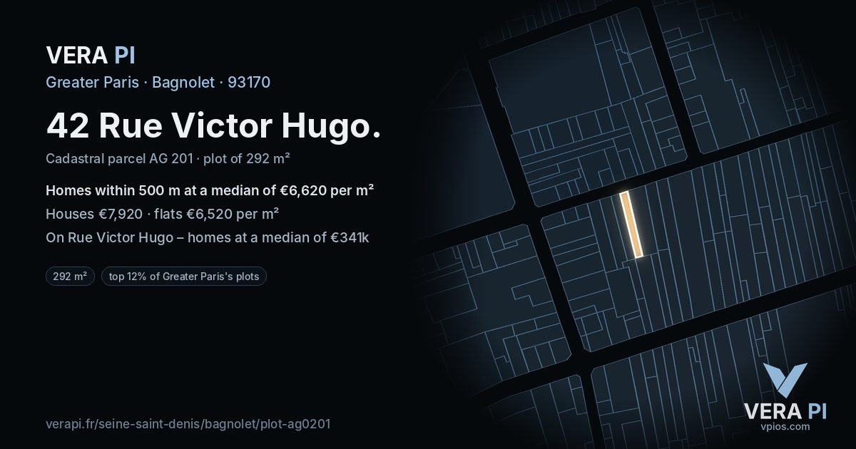 42 Rue Victor Hugo, Bagnolet at night – the plot lit, the parcels around coloured by the prices near them