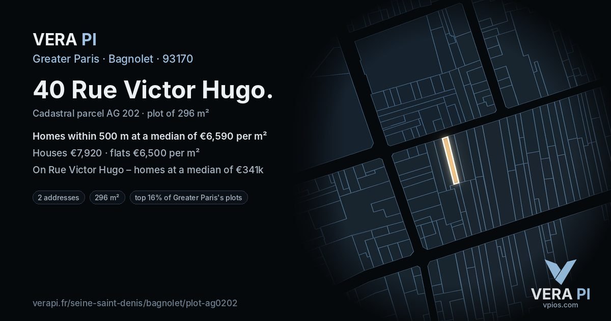 40 Rue Victor Hugo, Bagnolet at night – the plot lit, the parcels around coloured by the prices near them