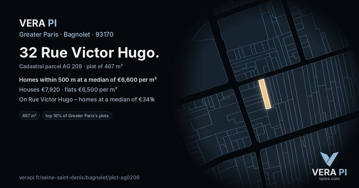 32 Rue Victor Hugo, Bagnolet at night – the plot lit, the parcels around coloured by the prices near them