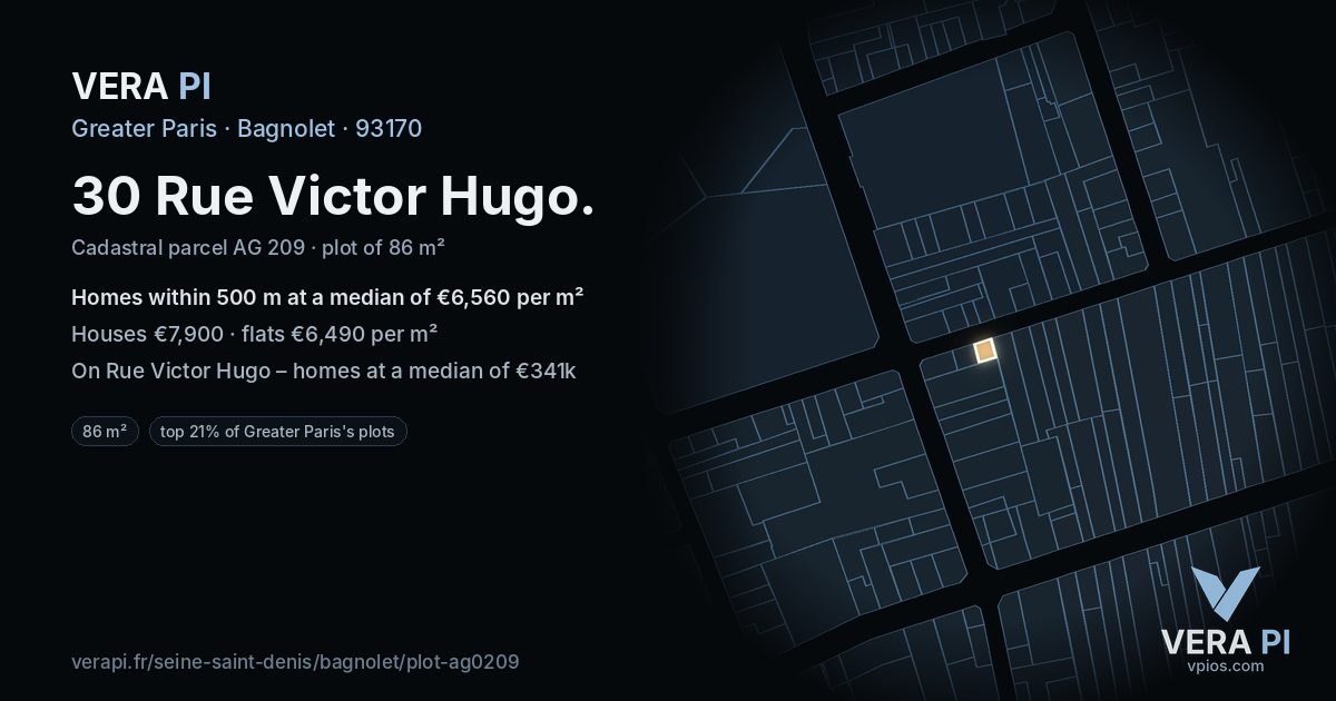 30 Rue Victor Hugo, Bagnolet at night – the plot lit, the parcels around coloured by the prices near them