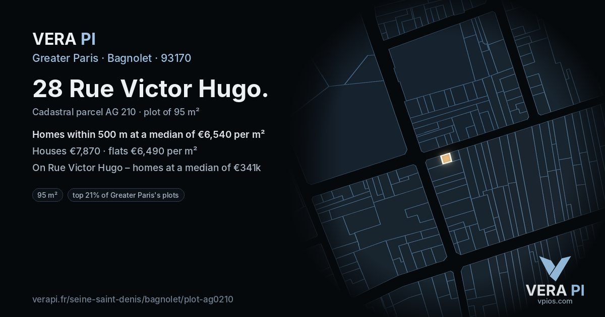 28 Rue Victor Hugo, Bagnolet at night – the plot lit, the parcels around coloured by the prices near them