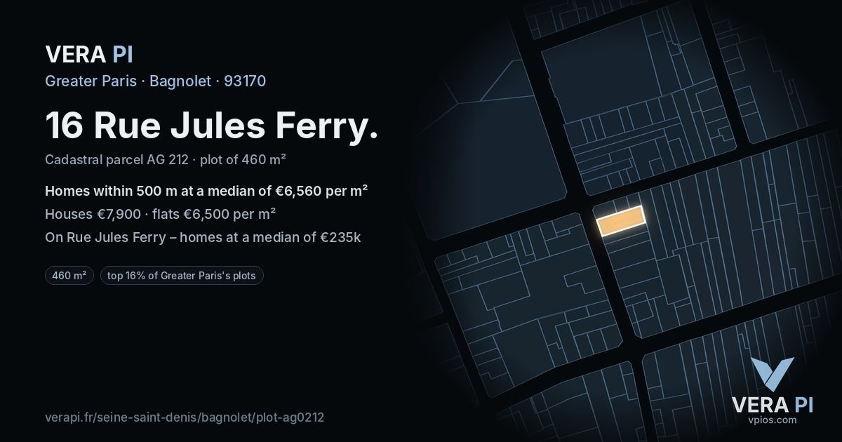 16 Rue Jules Ferry, Bagnolet at night – the plot lit, the parcels around coloured by the prices near them