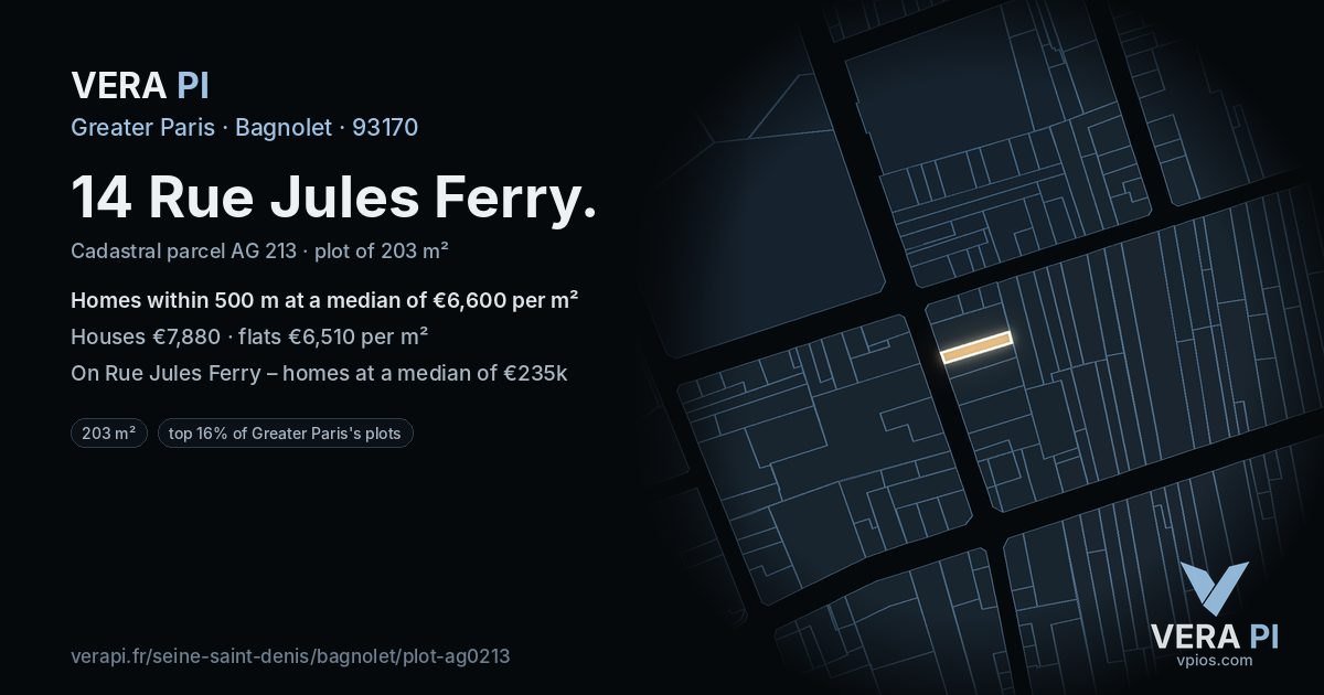 14 Rue Jules Ferry, Bagnolet at night – the plot lit, the parcels around coloured by the prices near them