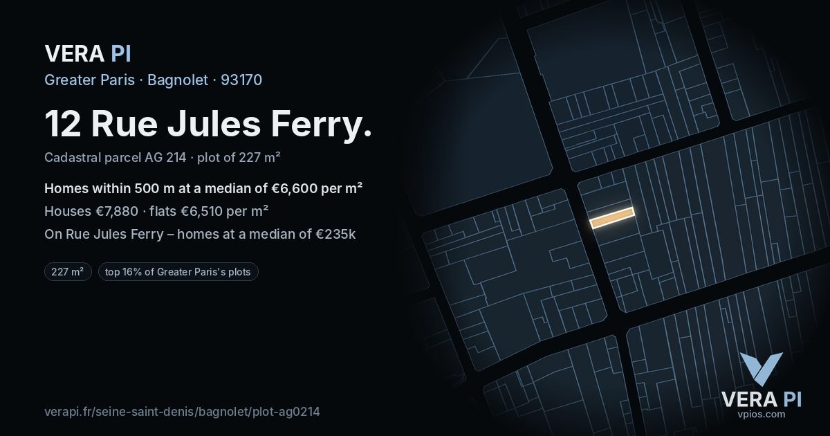 12 Rue Jules Ferry, Bagnolet at night – the plot lit, the parcels around coloured by the prices near them