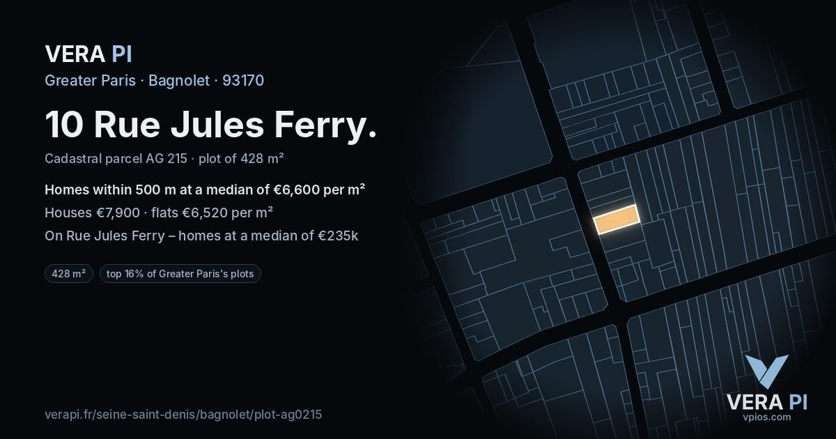 10 Rue Jules Ferry, Bagnolet at night – the plot lit, the parcels around coloured by the prices near them