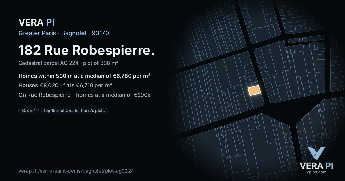 182 Rue Robespierre, Bagnolet at night – the plot lit, the parcels around coloured by the prices near them