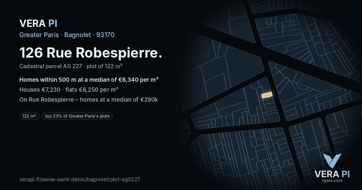 126 Rue Robespierre, Bagnolet at night – the plot lit, the parcels around coloured by the prices near them