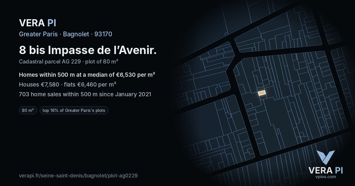 8 bis Impasse de l’Avenir, Bagnolet at night – the plot lit, the parcels around coloured by the prices near them
