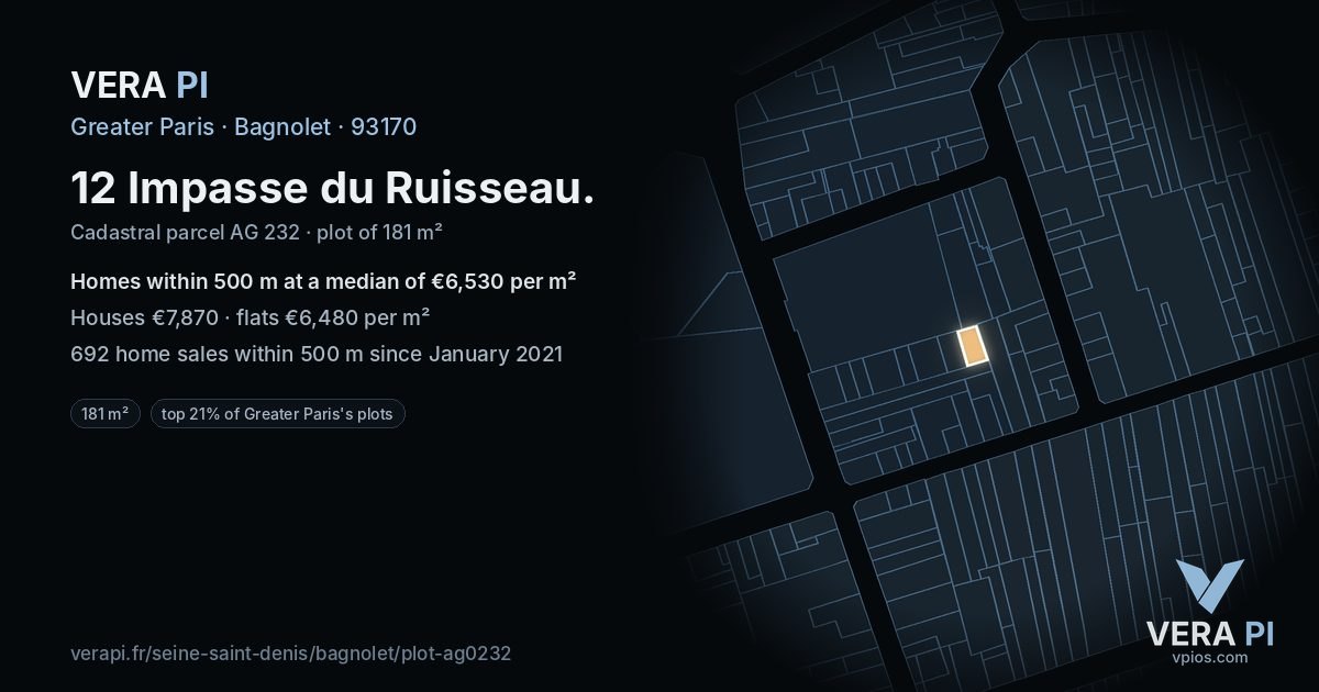 12 Impasse du Ruisseau, Bagnolet at night – the plot lit, the parcels around coloured by the prices near them