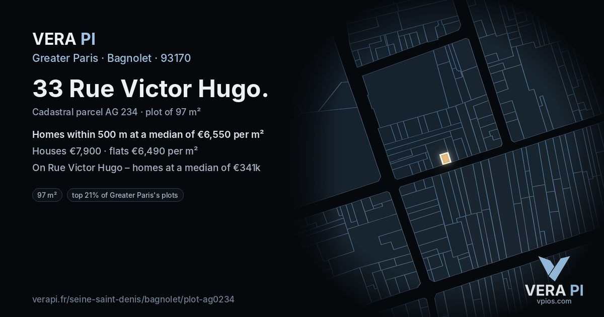 33 Rue Victor Hugo, Bagnolet at night – the plot lit, the parcels around coloured by the prices near them