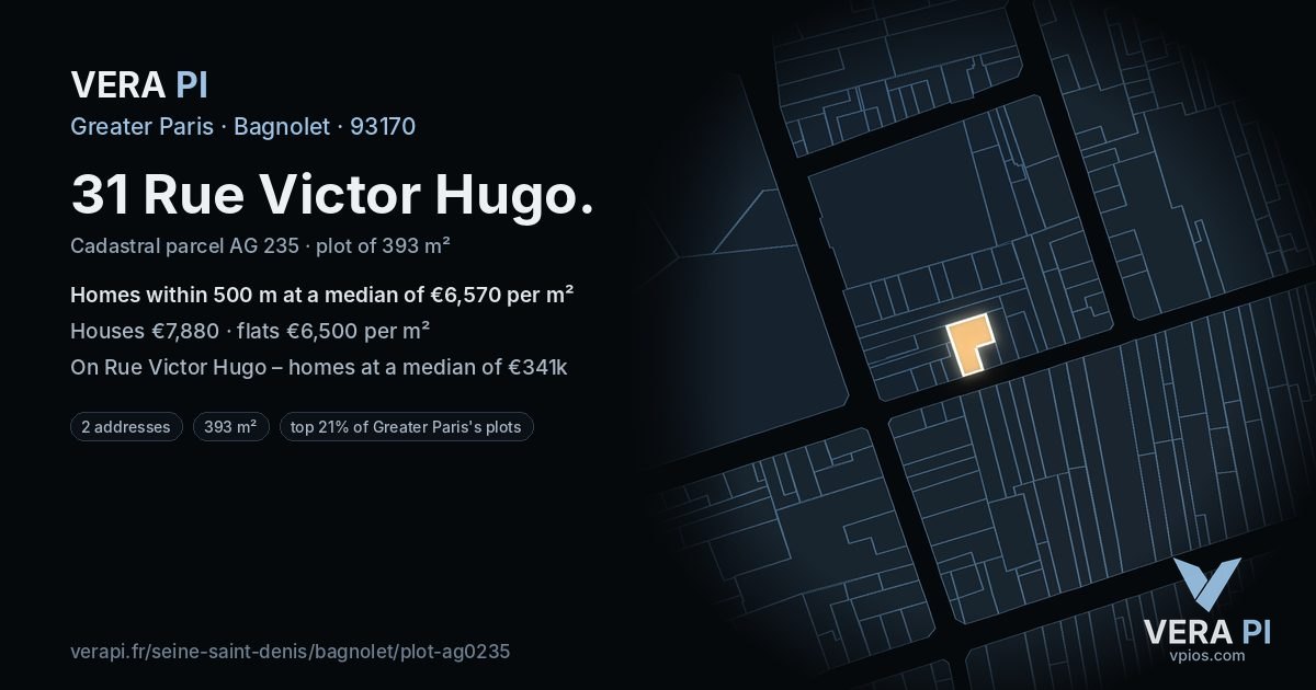 31 Rue Victor Hugo, Bagnolet at night – the plot lit, the parcels around coloured by the prices near them
